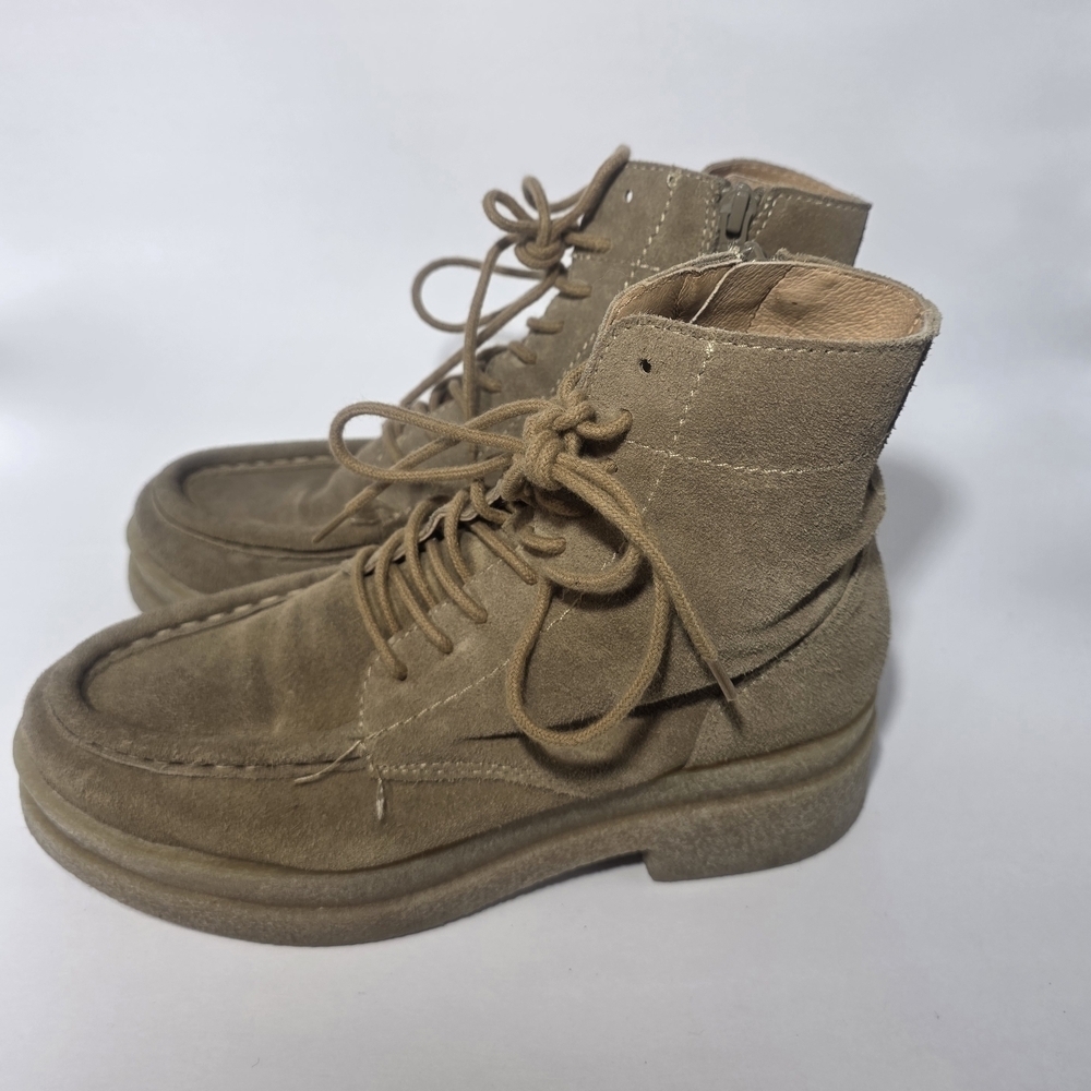 Free People Women’s Suede Lace-Up Ankle Boots Taupe Moc Toe Side Zip Size 36